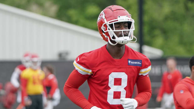 May 26, 2022; Kansas City, MO, USA; Kansas City Chiefs wide receiver Justyn Ross (8) runs drills during organized team activities at The University of Kansas Health System Training Complex. Mandatory Credit: Denny Medley-USA TODAY Sports